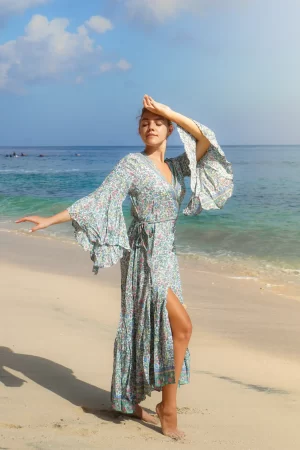 Kimono Megan on Daisy Turquoise Rayon Voile