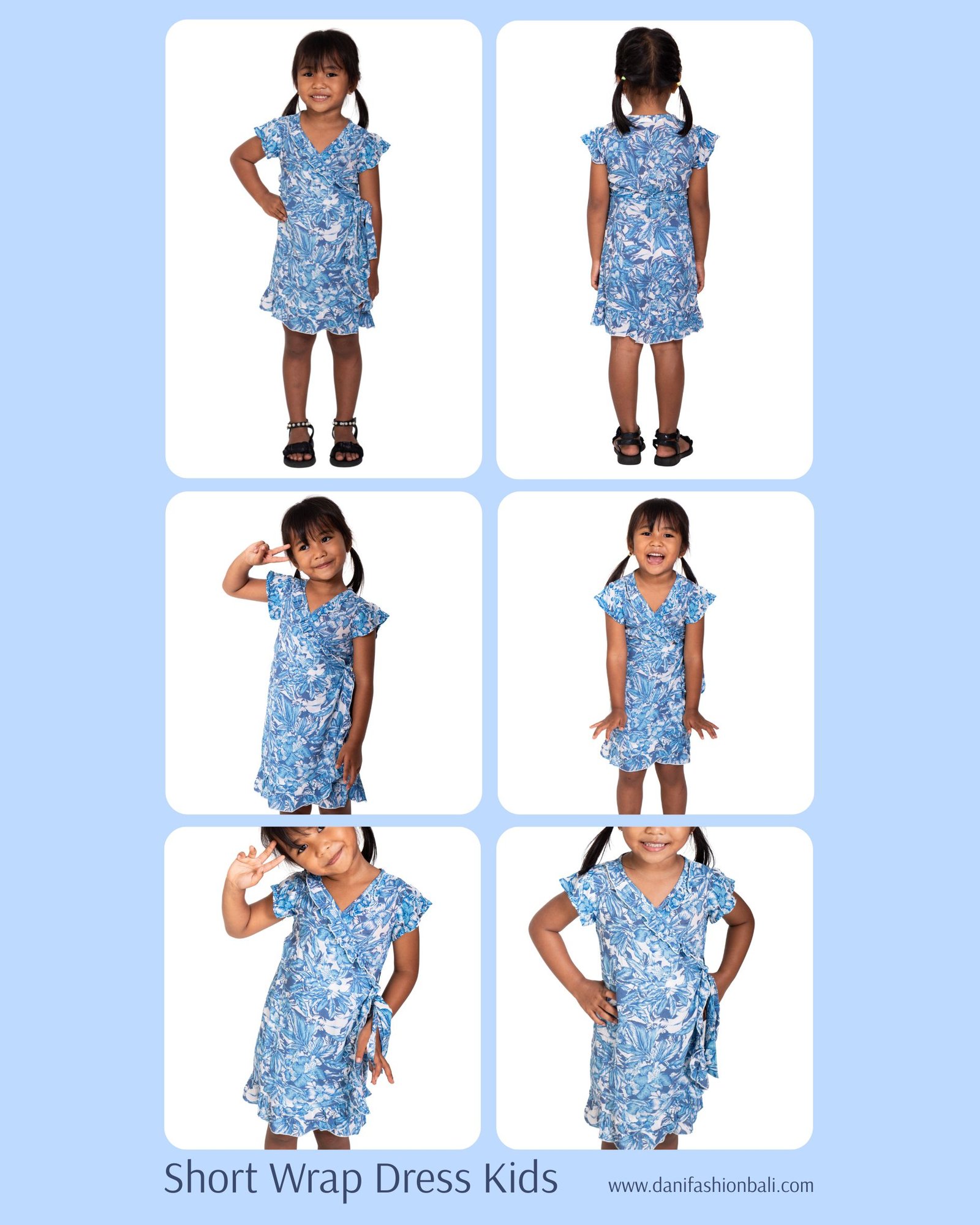 Short Wrap Dress Kids tropical ruffle dress front back and side view